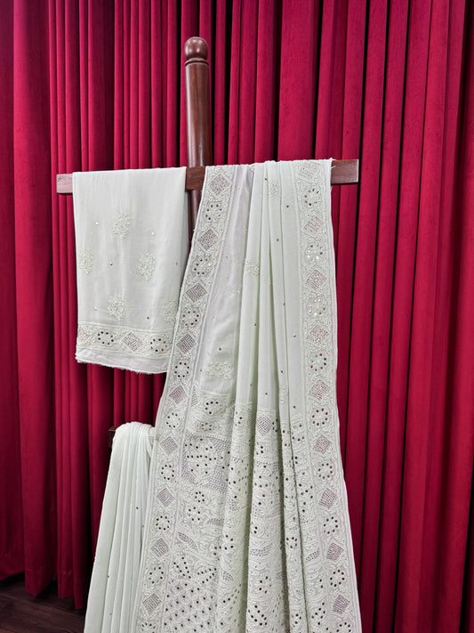 Chiffon Chikankari & Mukesh Saree - Mint Green