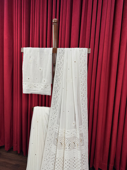 Chiffon Chikankari & Mukesh Saree - White