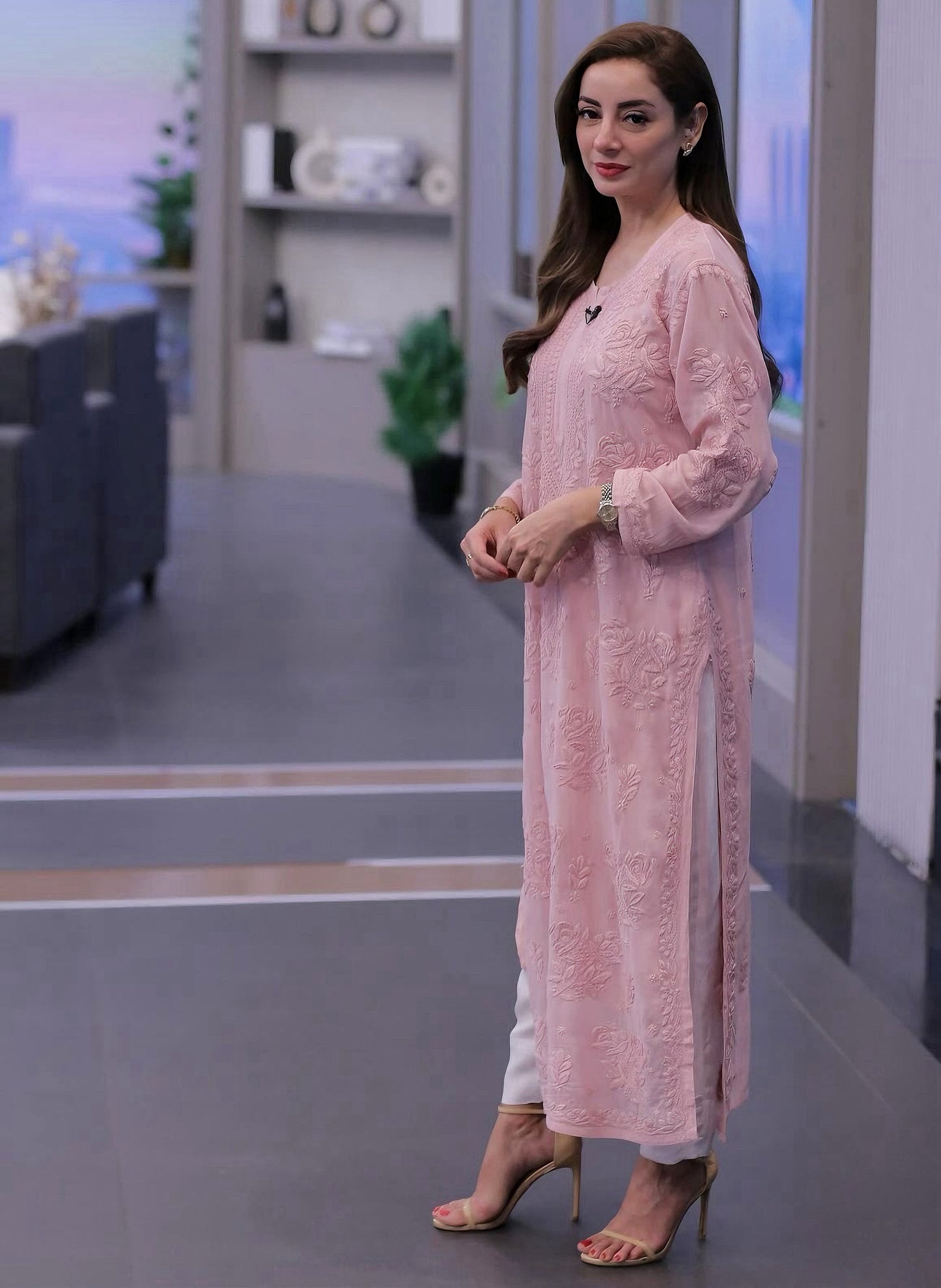 Chiffon Rose Ghaspatti Chikankari Kurta