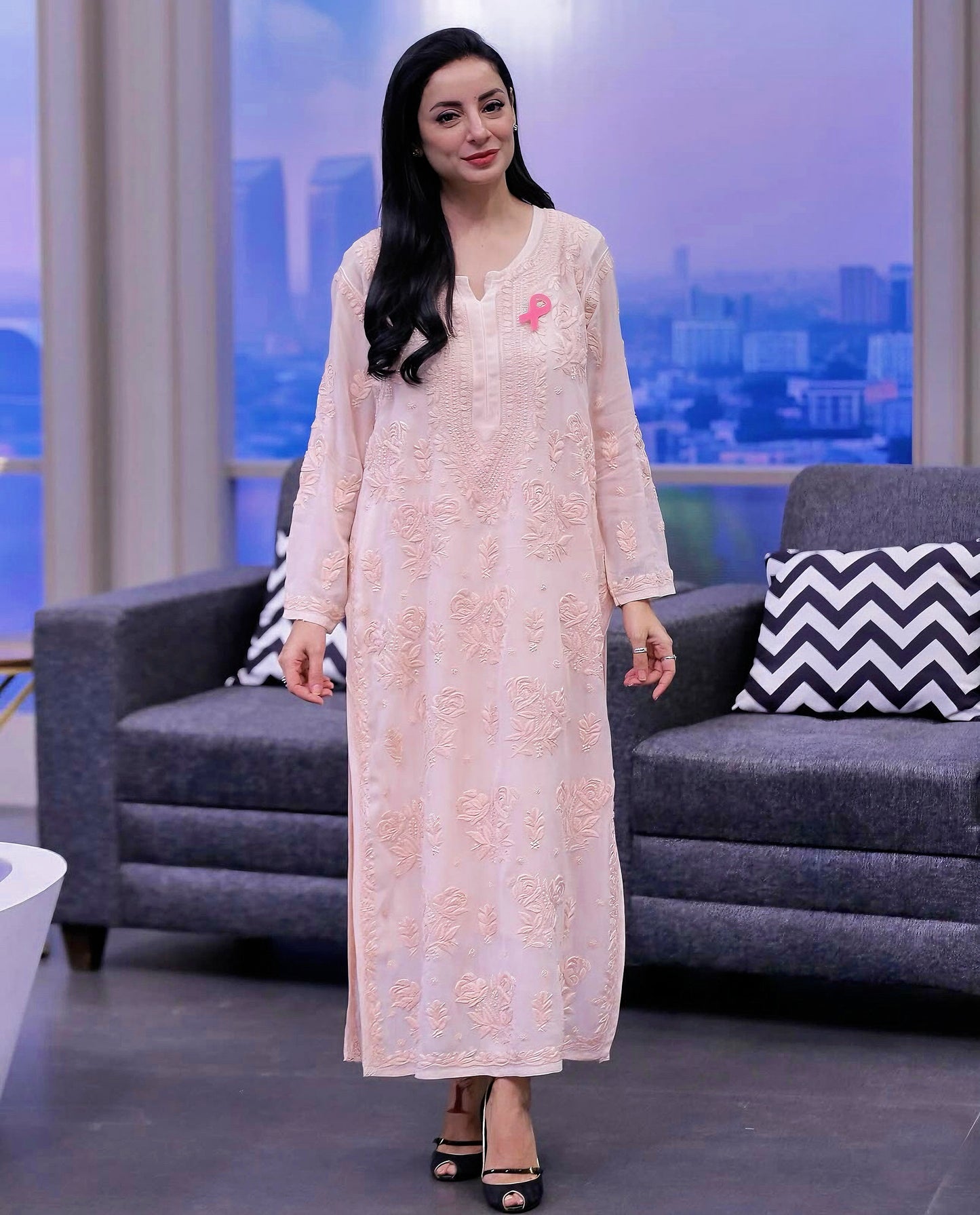Chiffon Rose Ghaspatti Chikankari Kurta