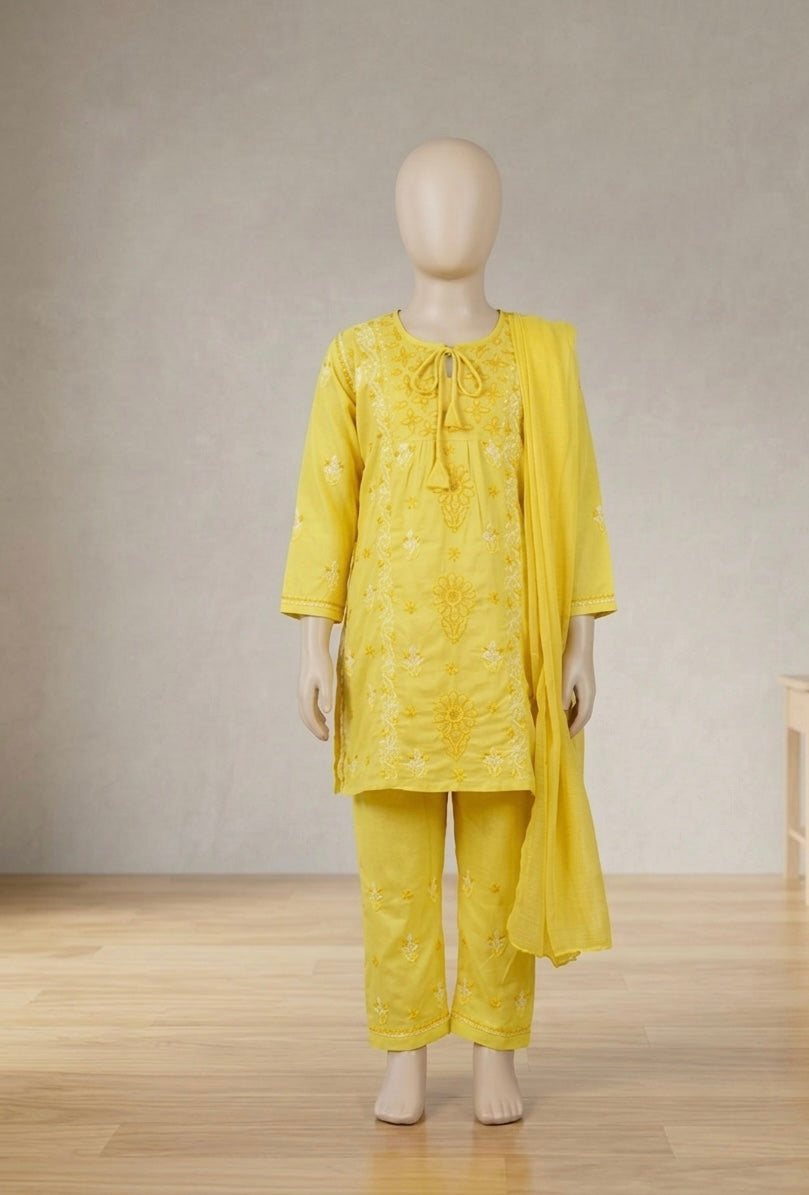 Girls Chikankari Pret with drawstring neck