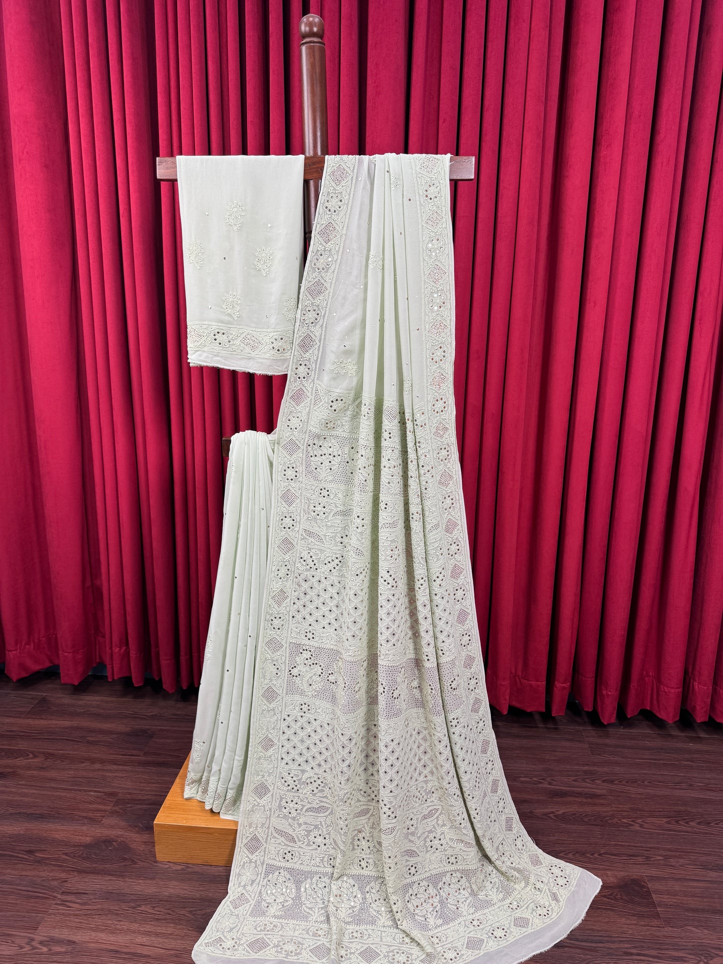 Chiffon Chikankari & Mukesh Saree - Mint Green