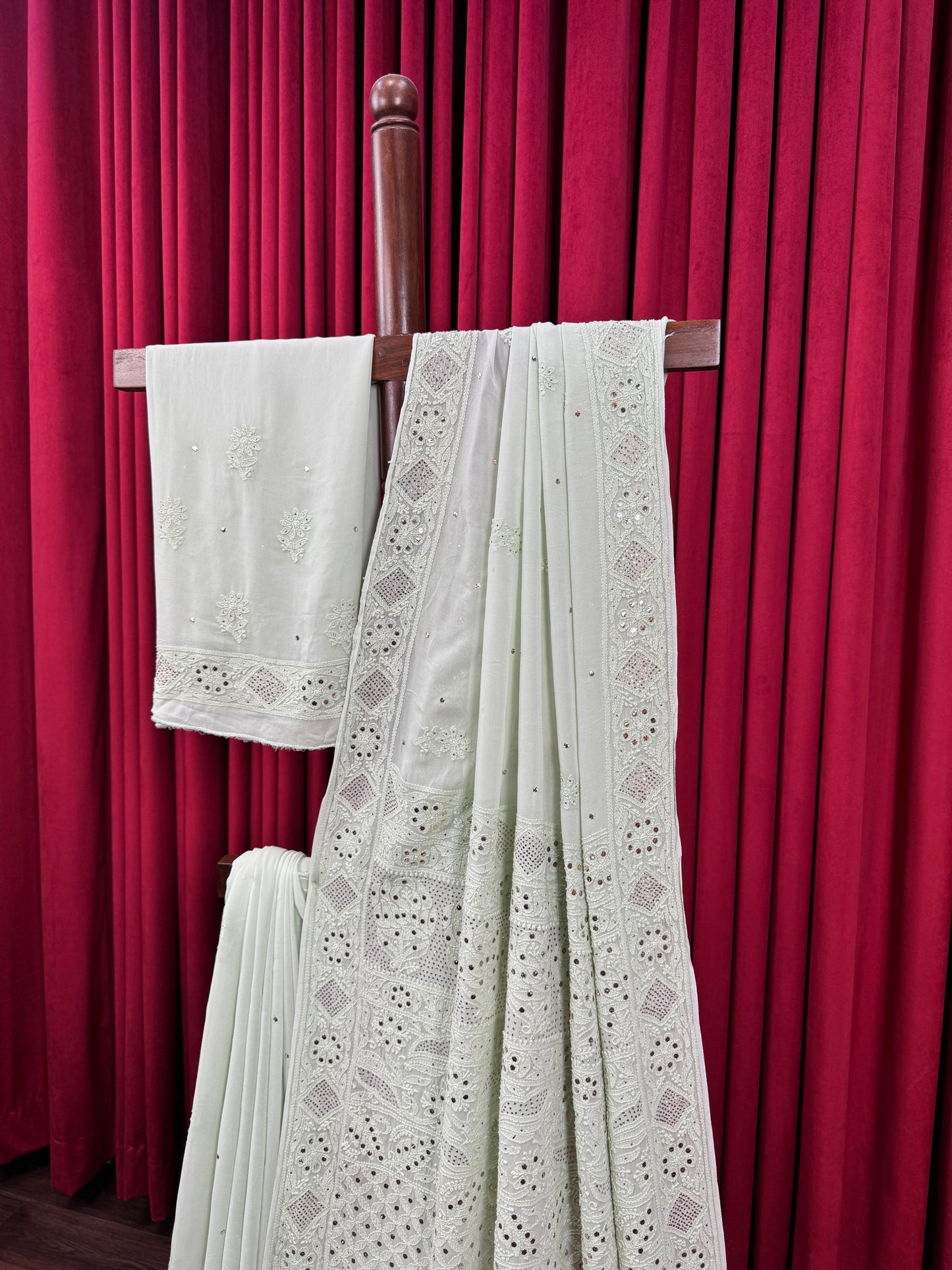 Chiffon Chikankari & Mukesh Saree - Mint Green