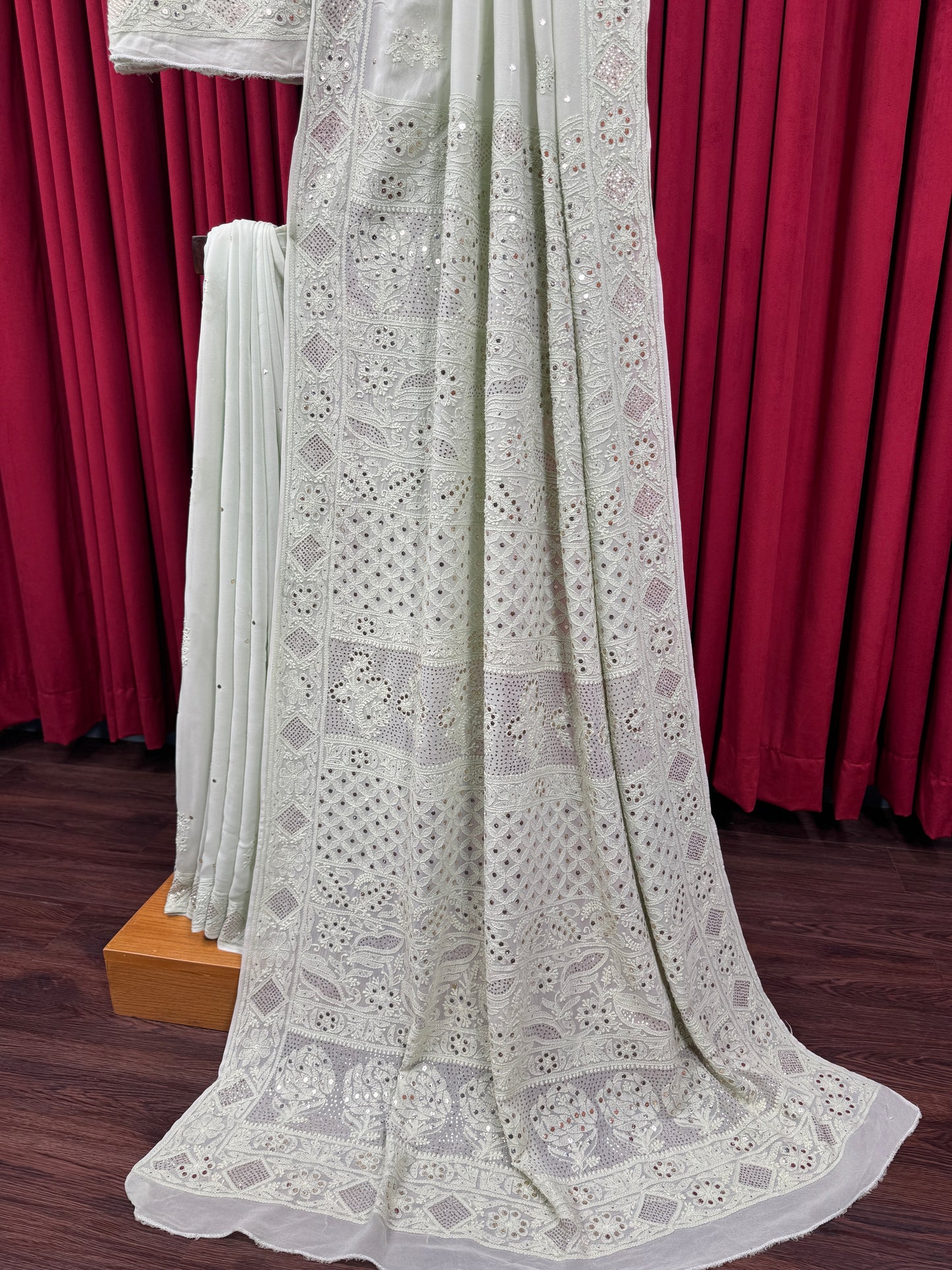 Chiffon Chikankari & Mukesh Saree - Mint Green