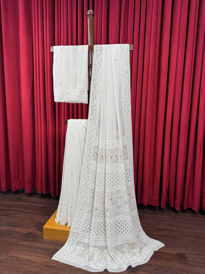 Chiffon Chikankari & Mukesh Saree - White