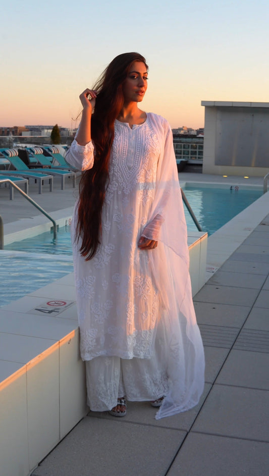 Chiffon Rose Ghaspatti Chikankari Kurta