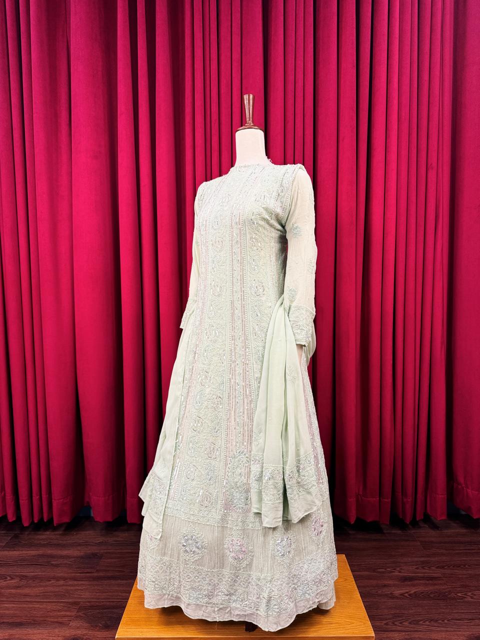 Chiffon Chikankari Anarkali with Embellishments